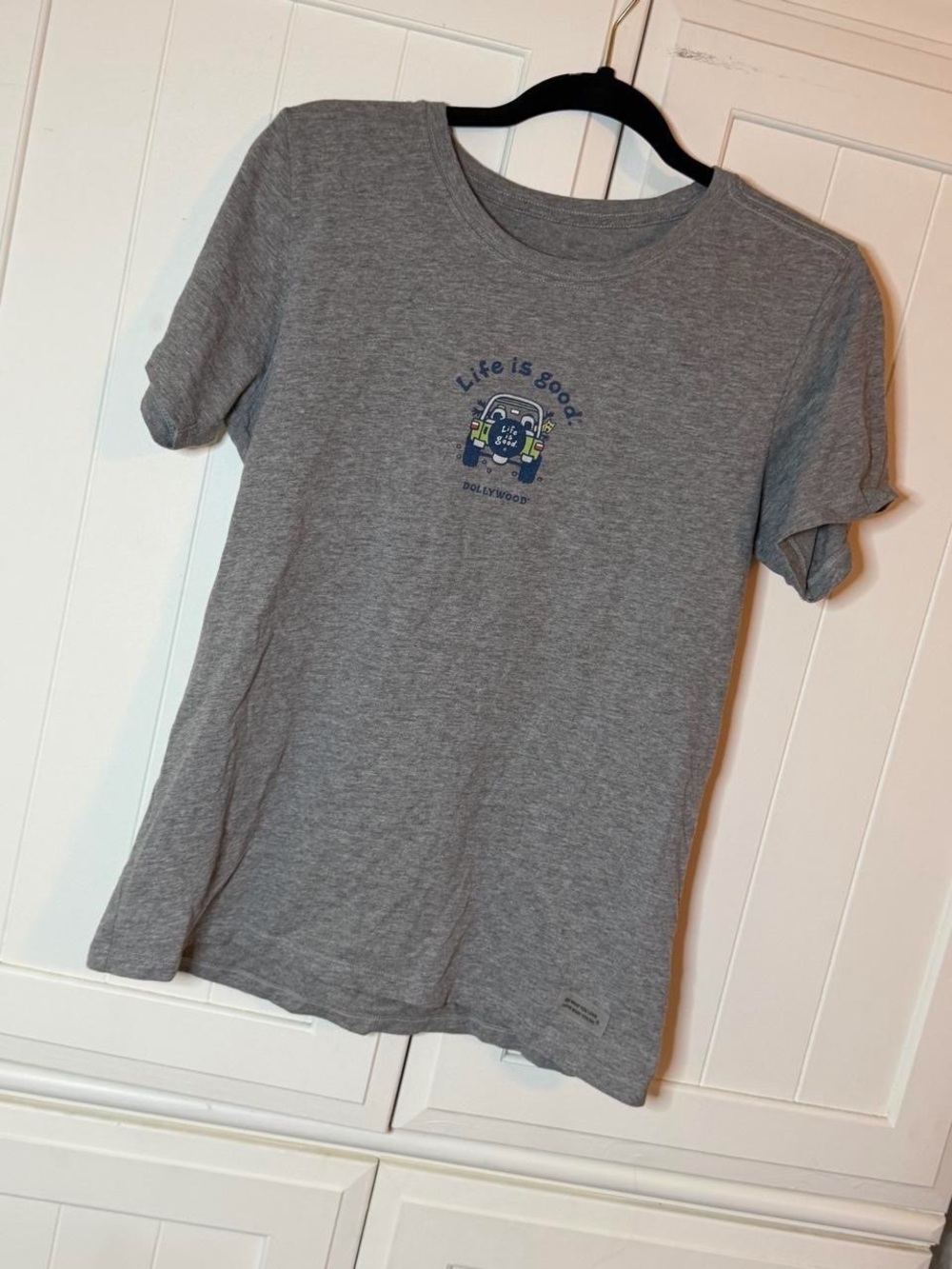 Life Is Good Gray Short Sleeve Tee with Small Jeep Dollywood Graphic